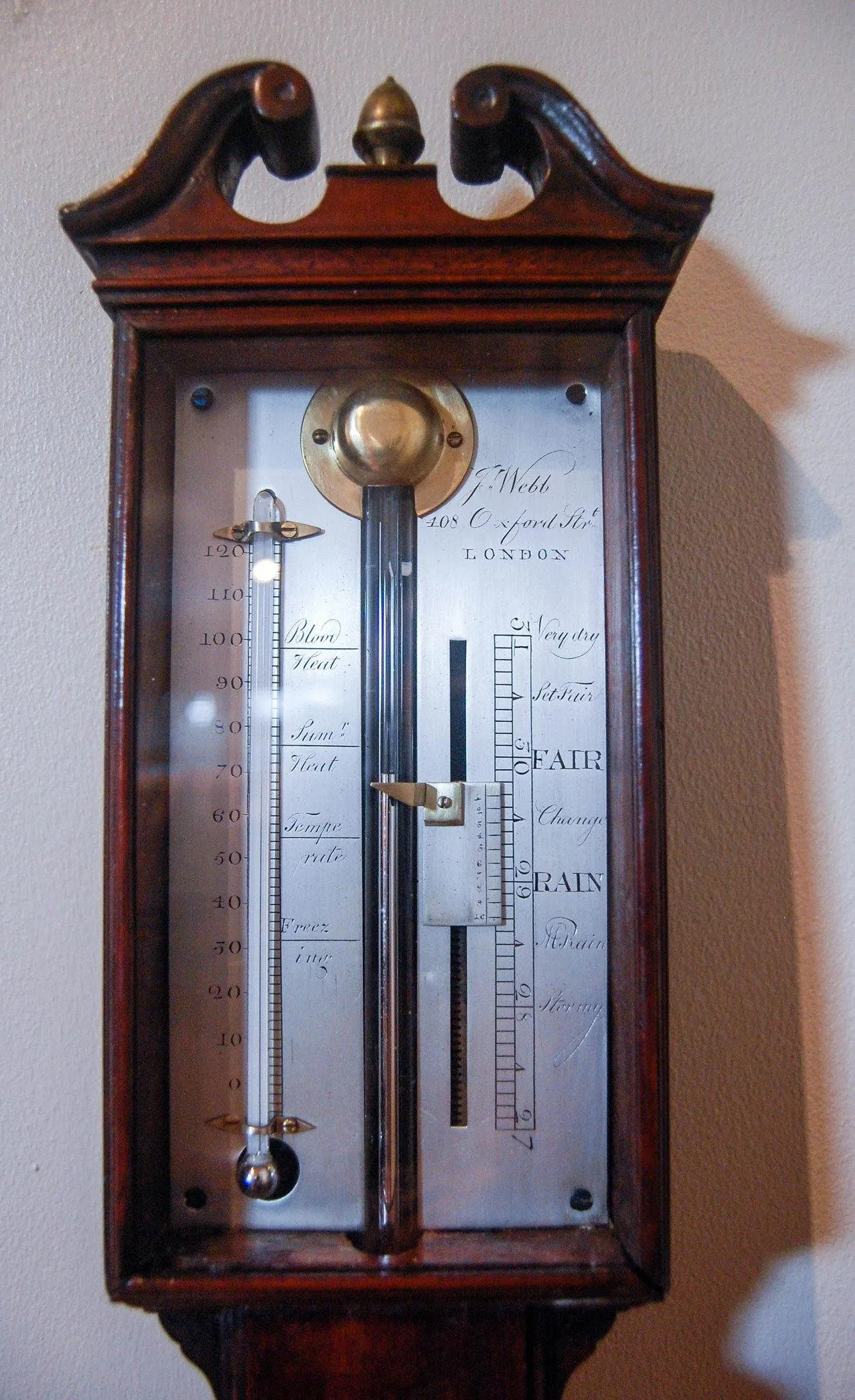 A George III Mahogany Stick Barometer by John Webb of 408 Oxford Street, London