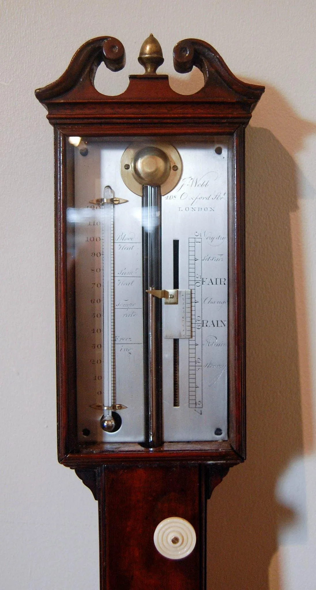 A George III Mahogany Stick Barometer by John Webb of 408 Oxford Street, London