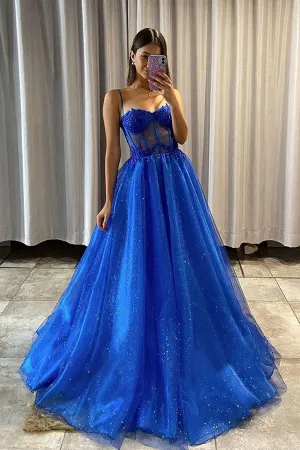 A Line Shiny Royal Blue Tulle Sweetheart Formal Prom Dress  PSK404