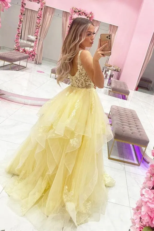 A-line Yellow V Neck Tulle Lace Long Prom Dress Evening Dress PSK284