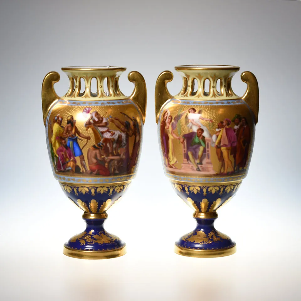 A Pair of Vienna style Vases Decorated with Court Scenes