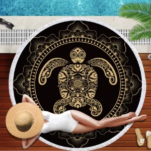 Animal Pattern Round Superfine Fiber Beach Towel with Tassel, Size:150 x 150cm(Golden Turtle)