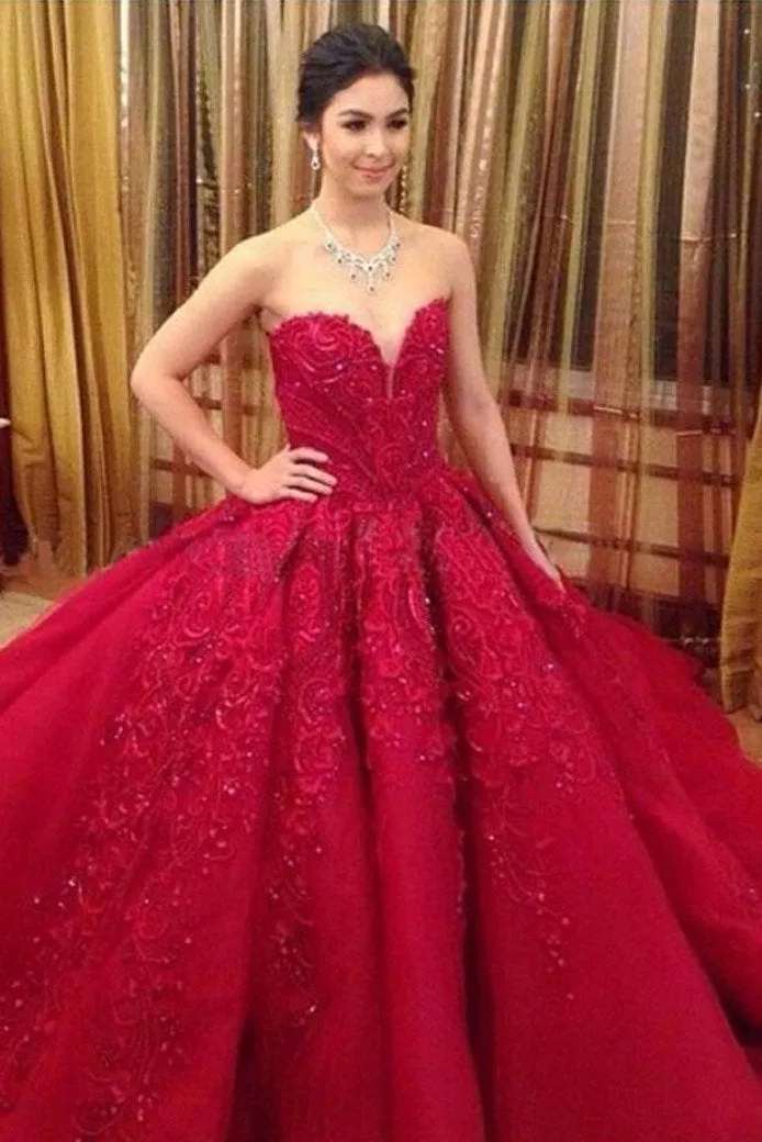 Ball Gown Red Sweetheart Tulle Prom Dresses with Appliques, Puffy Quinceanera Dress UQ2079