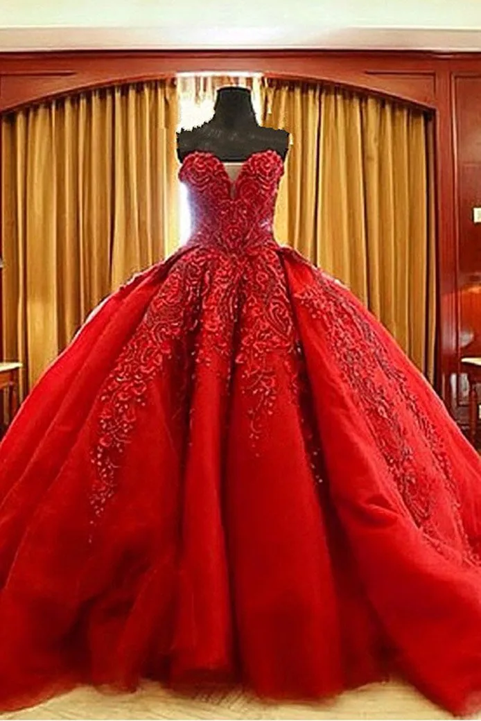 Ball Gown Red Sweetheart Tulle Prom Dresses with Appliques, Puffy Quinceanera Dress UQ2079