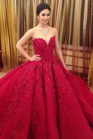 Ball Gown Red Sweetheart Tulle Prom Dresses with Appliques, Puffy Quinceanera Dress UQ2079