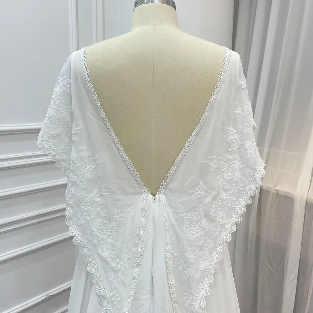 Batwing-sleeved Chiffon V-neck A-line Bridal Dress