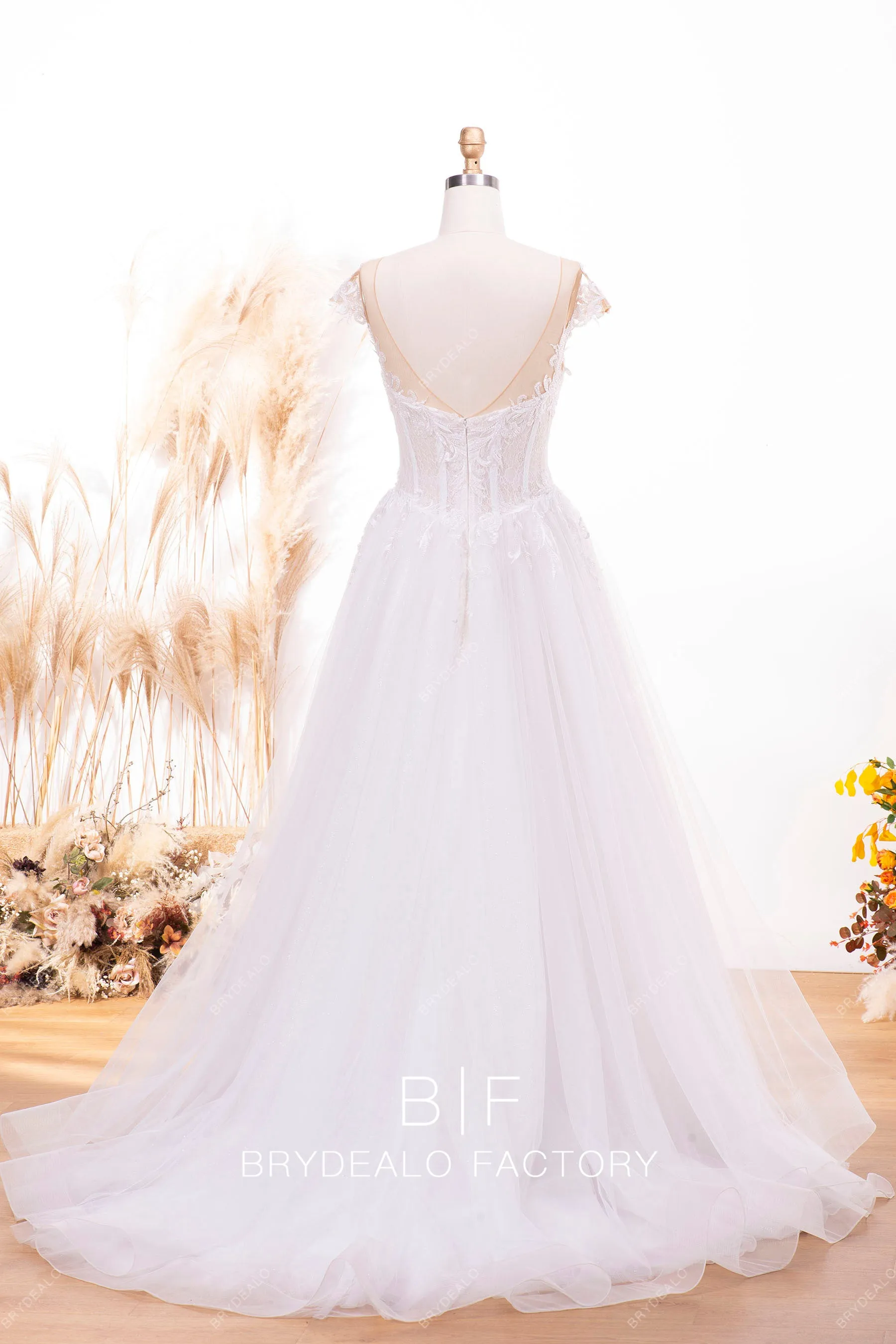 Beaded Botanic Lace Tulle Long Train Bridal Dress