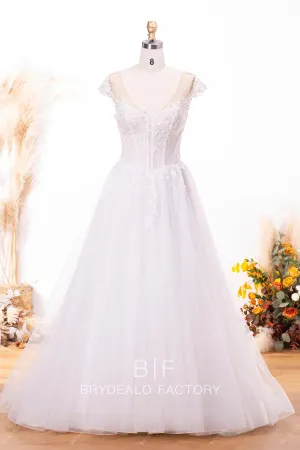 Beaded Botanic Lace Tulle Long Train Bridal Dress