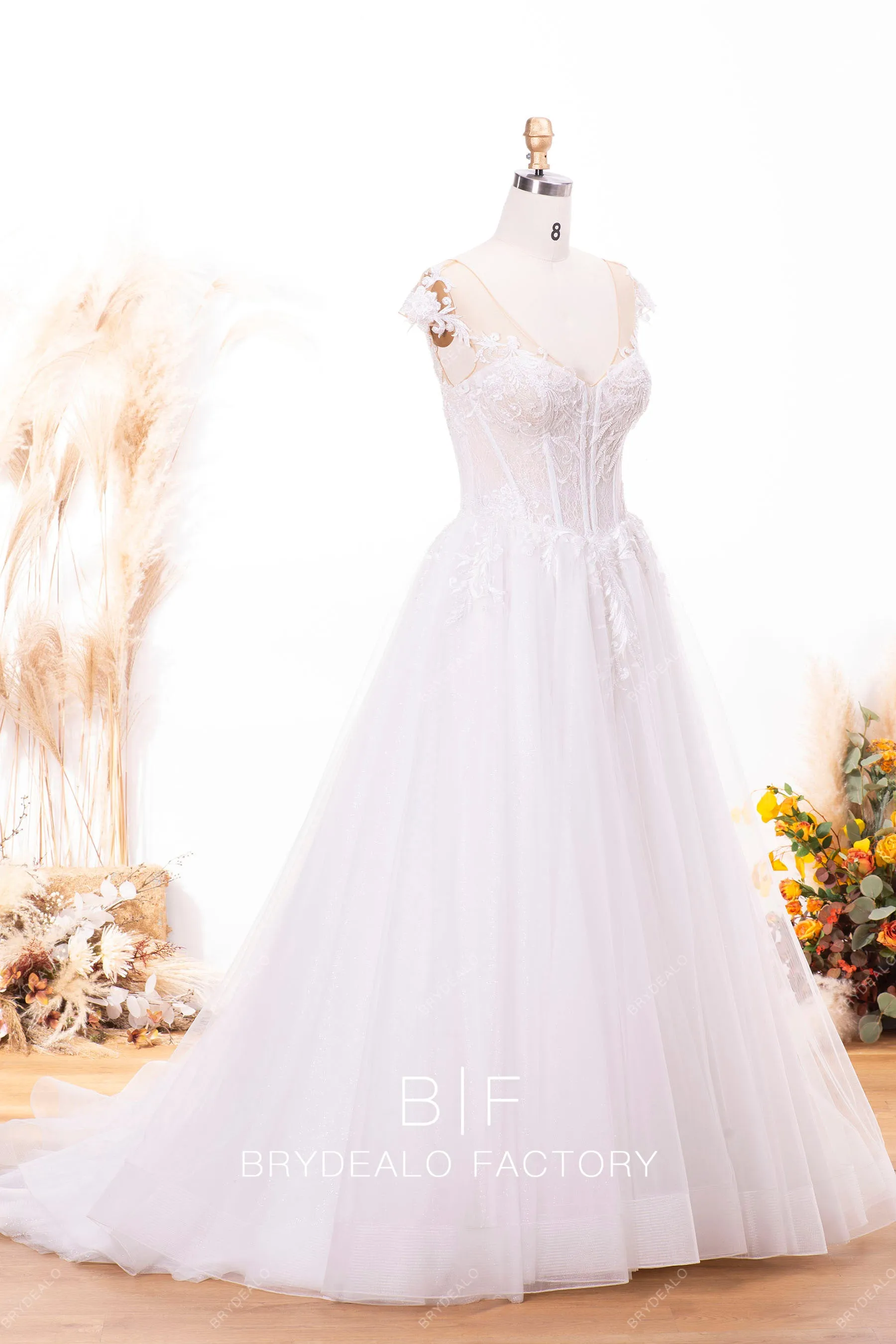 Beaded Botanic Lace Tulle Long Train Bridal Dress