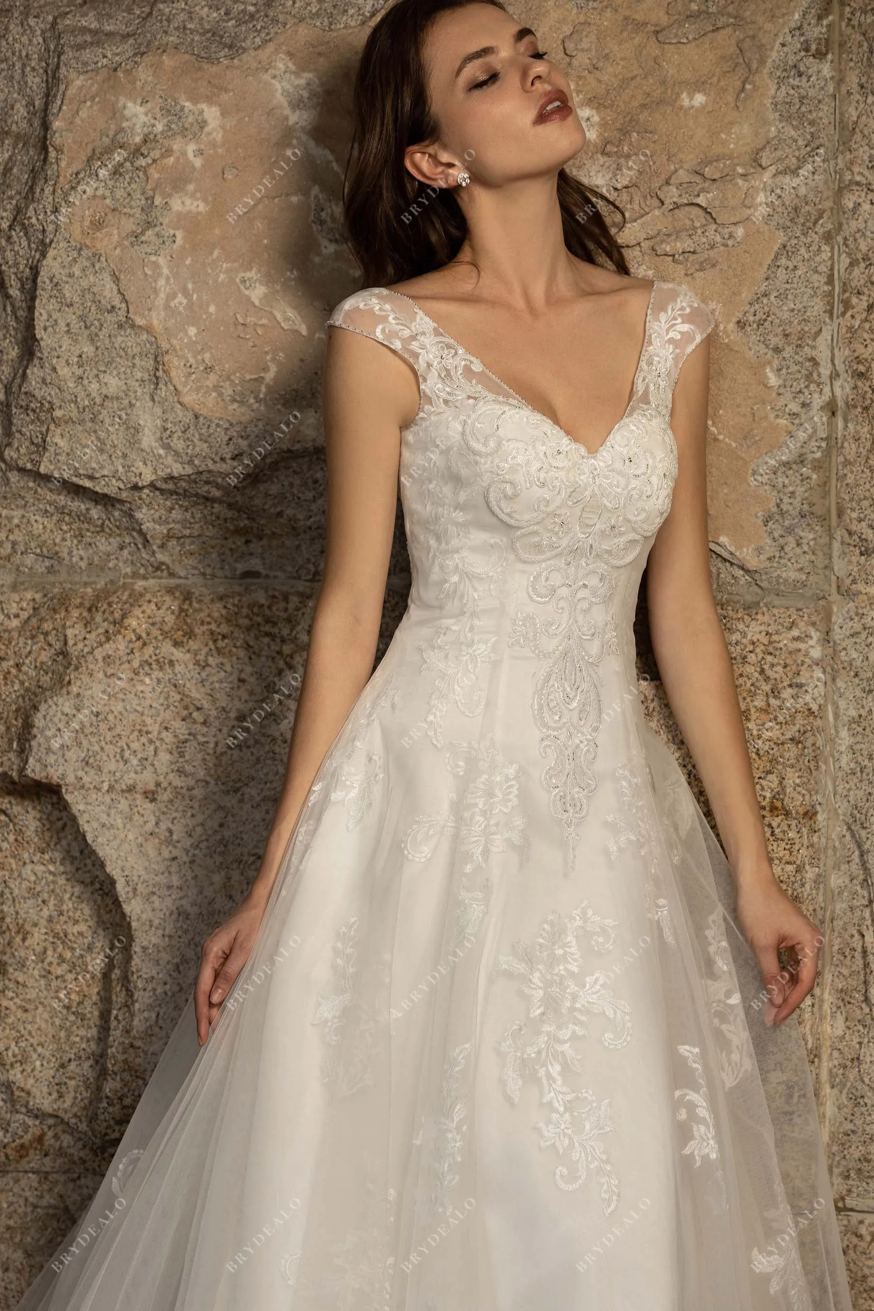 Beaded Cap Sleeve Lace Tulle Wedding Dress