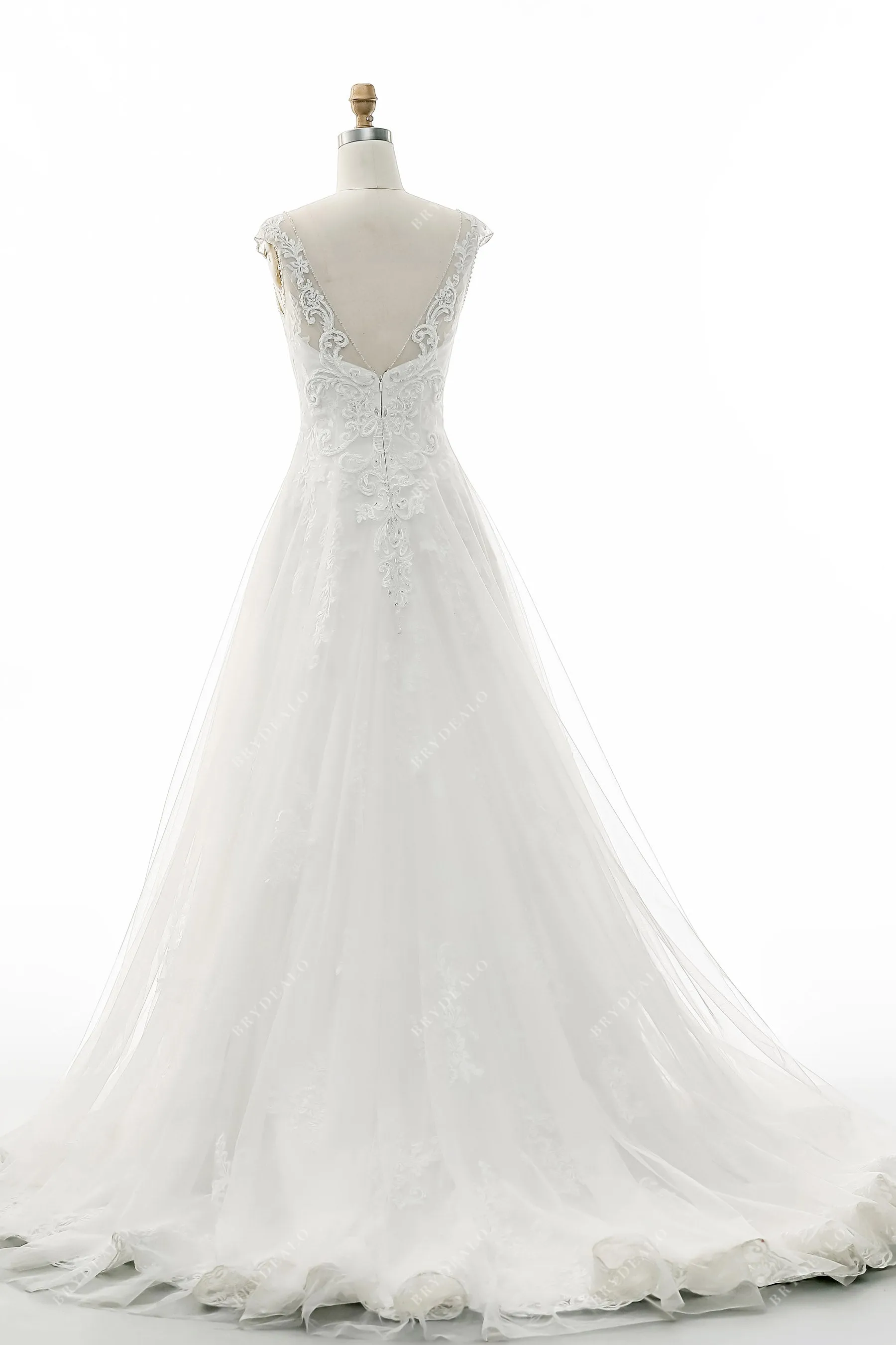 Beaded Cap Sleeve Lace Tulle Wedding Dress