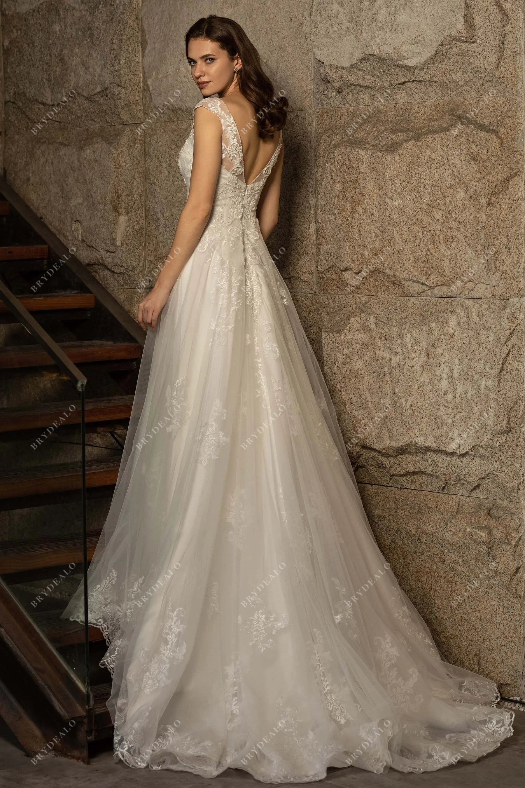 Beaded Cap Sleeve Lace Tulle Wedding Dress