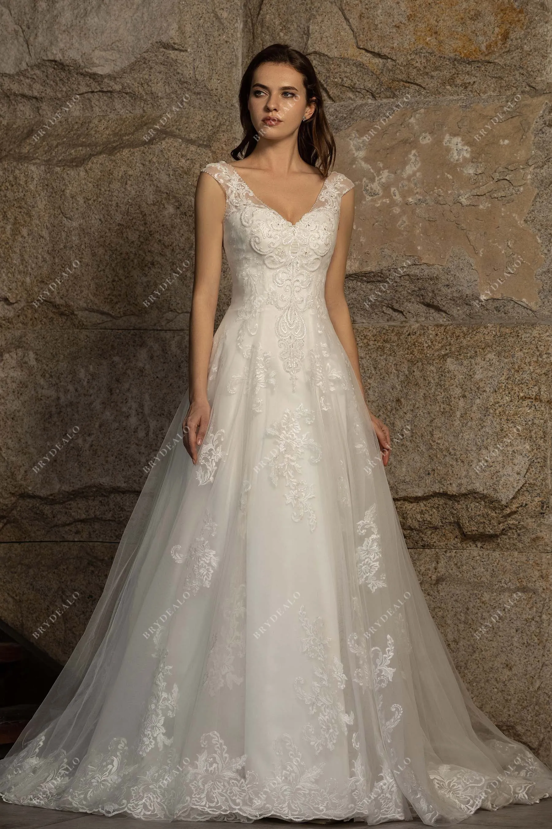 Beaded Cap Sleeve Lace Tulle Wedding Dress