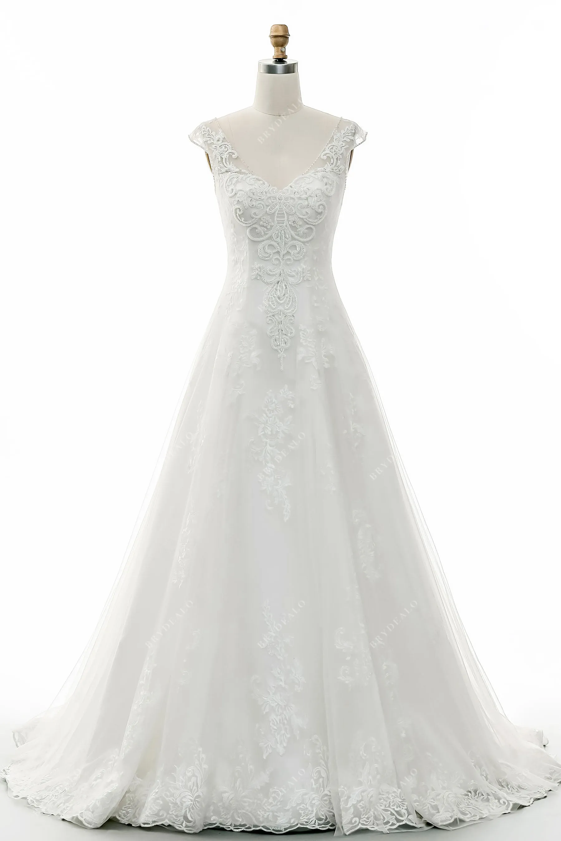 Beaded Cap Sleeve Lace Tulle Wedding Dress