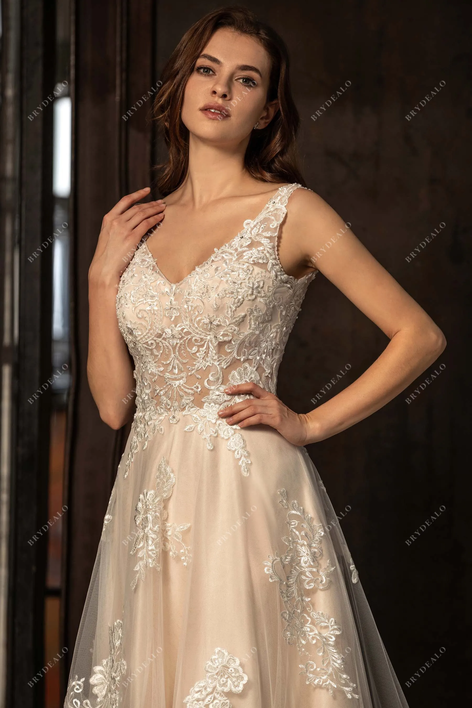 Beaded Straps V-neck Lace A-line Wedding Dress