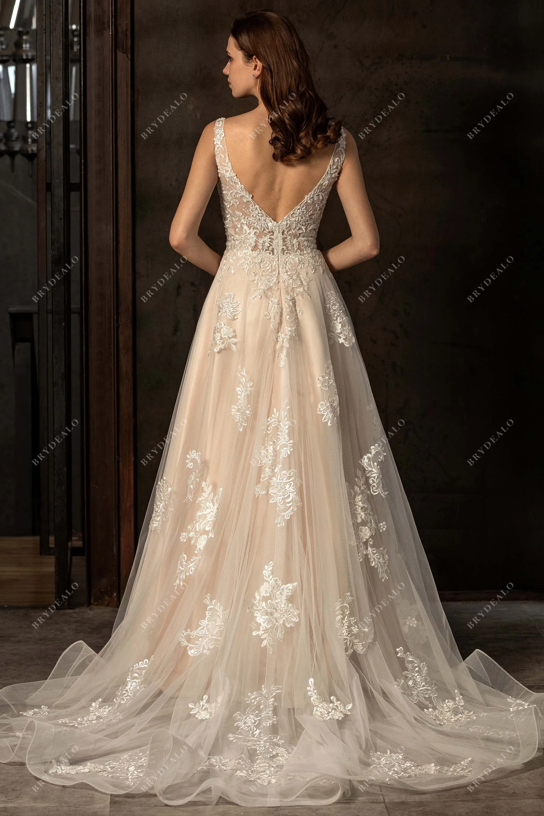 Beaded Straps V-neck Lace A-line Wedding Dress