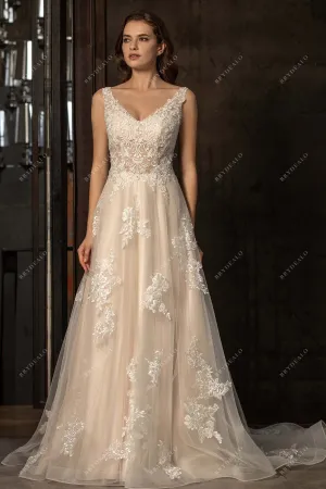 Beaded Straps V-neck Lace A-line Wedding Dress