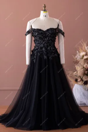 Black Off-shoulder Sweetheart Flower Lace Tulle Wedding Dress