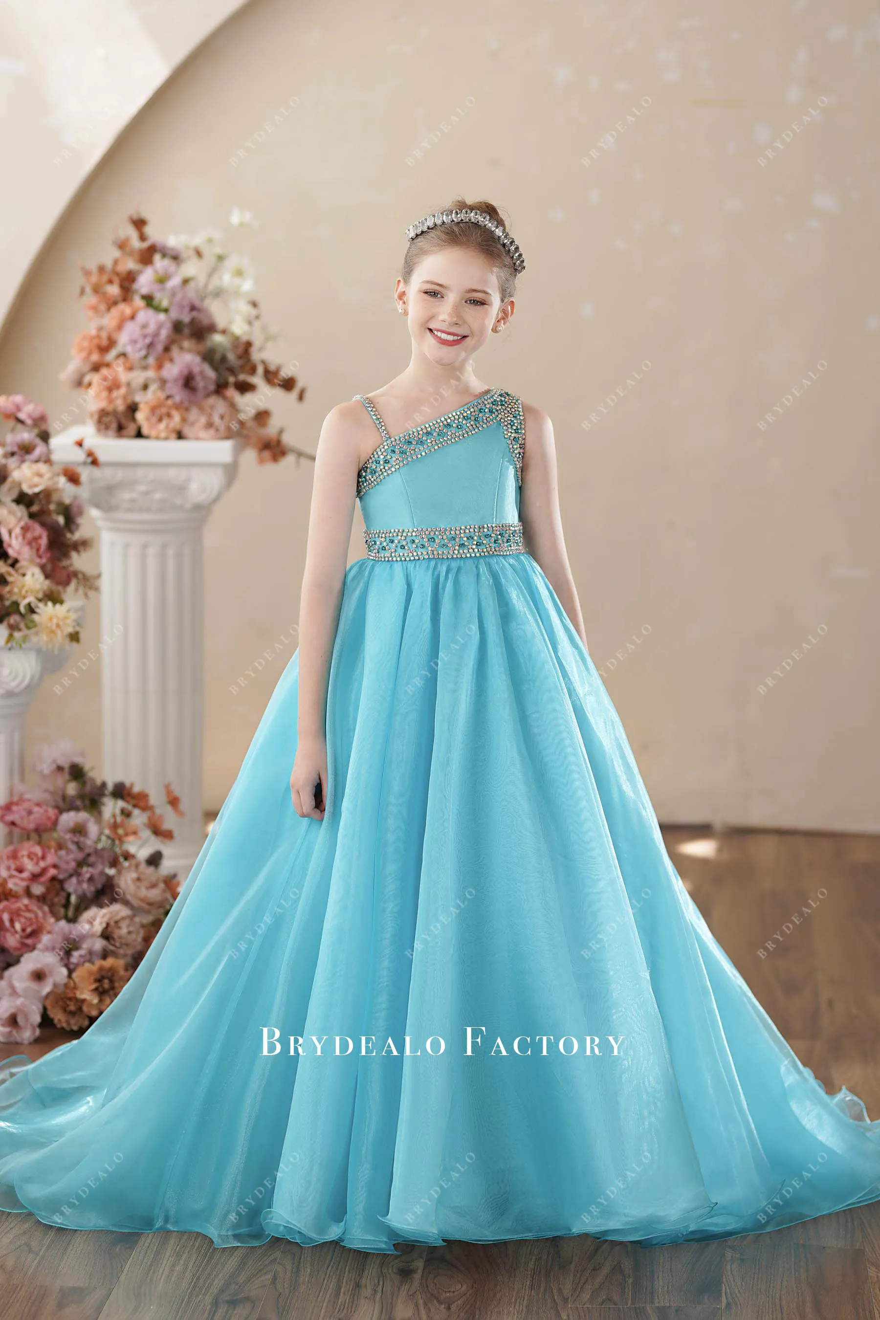 Blue Rhinestone One Shoulder Puffy Aline Teen Pageant Gown