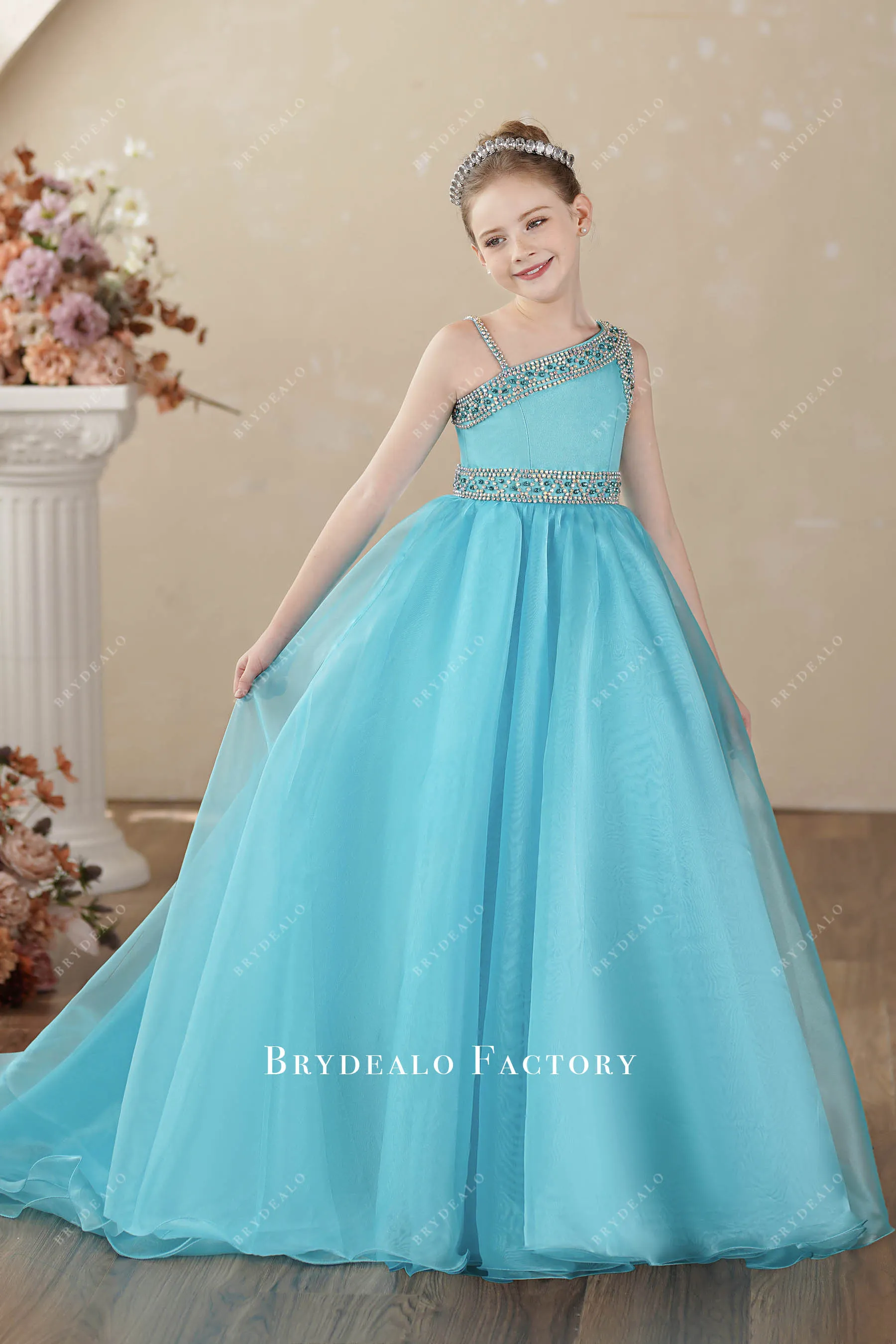 Blue Rhinestone One Shoulder Puffy Aline Teen Pageant Gown