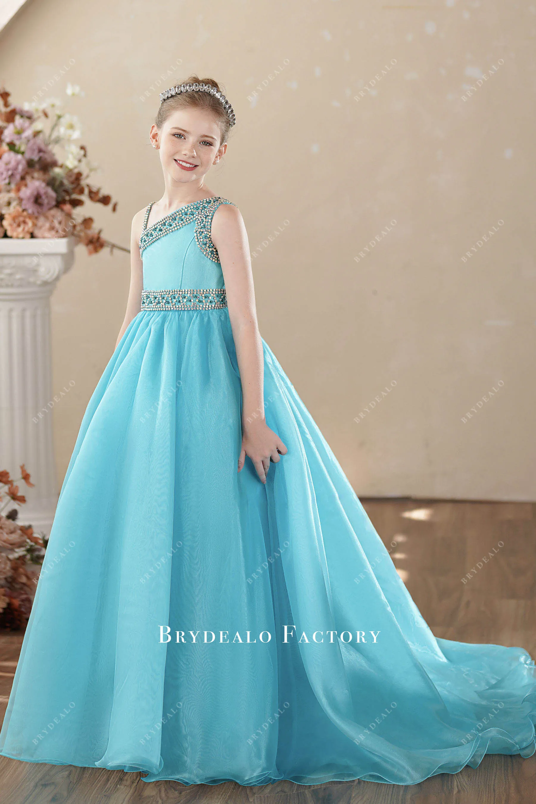 Blue Rhinestone One Shoulder Puffy Aline Teen Pageant Gown