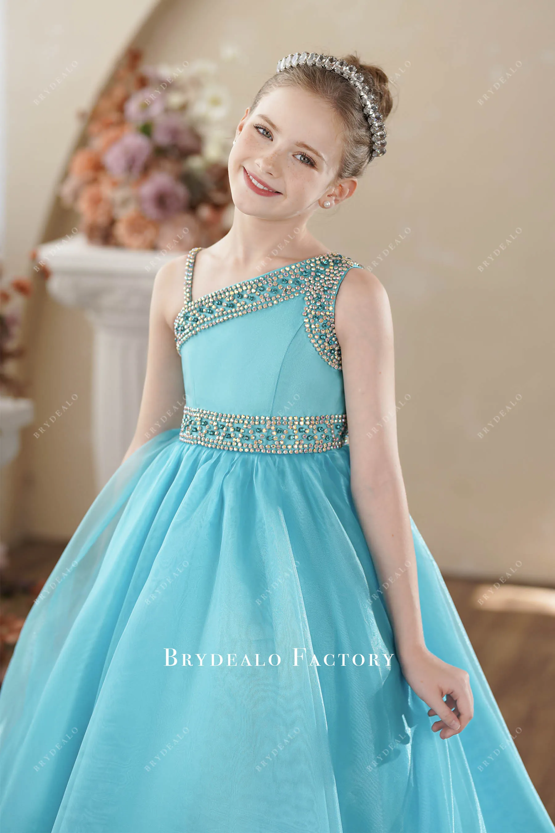 Blue Rhinestone One Shoulder Puffy Aline Teen Pageant Gown