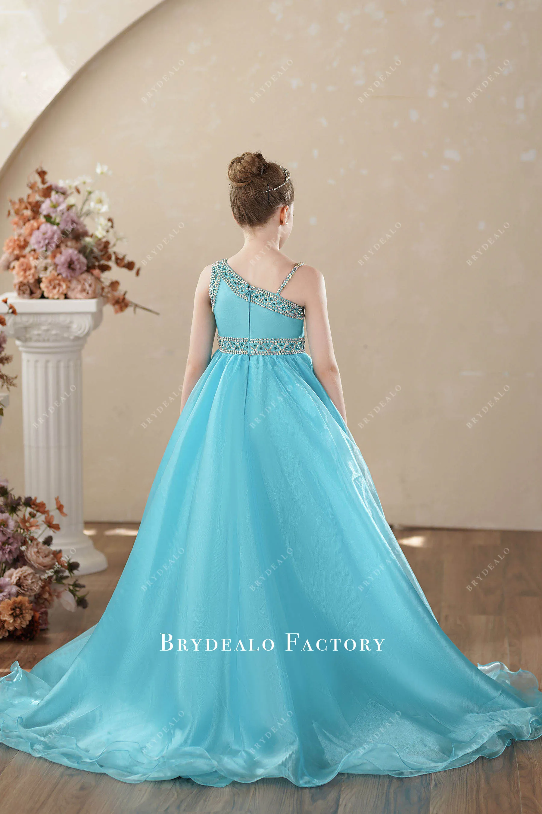 Blue Rhinestone One Shoulder Puffy Aline Teen Pageant Gown