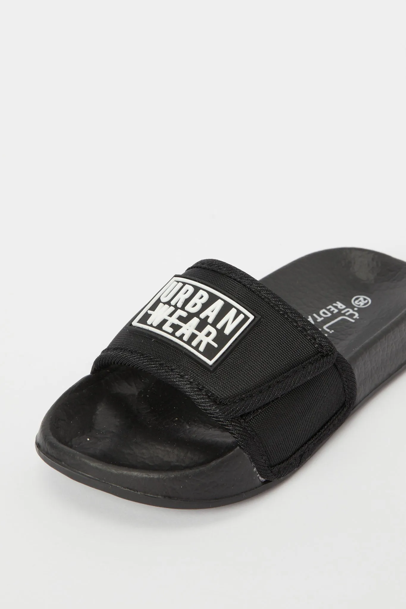 Boys Black Slogan Embossed Slide