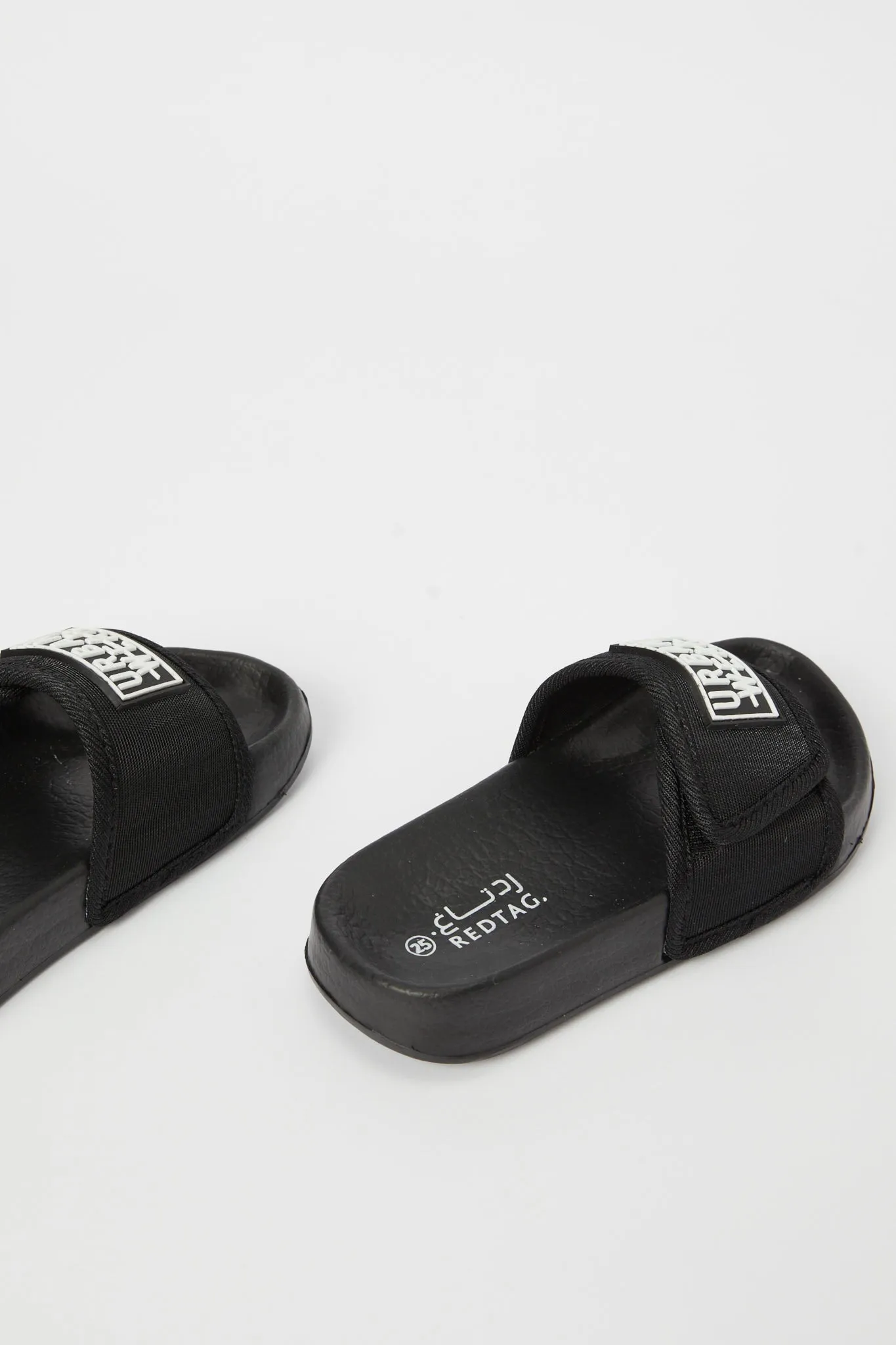 Boys Black Slogan Embossed Slide