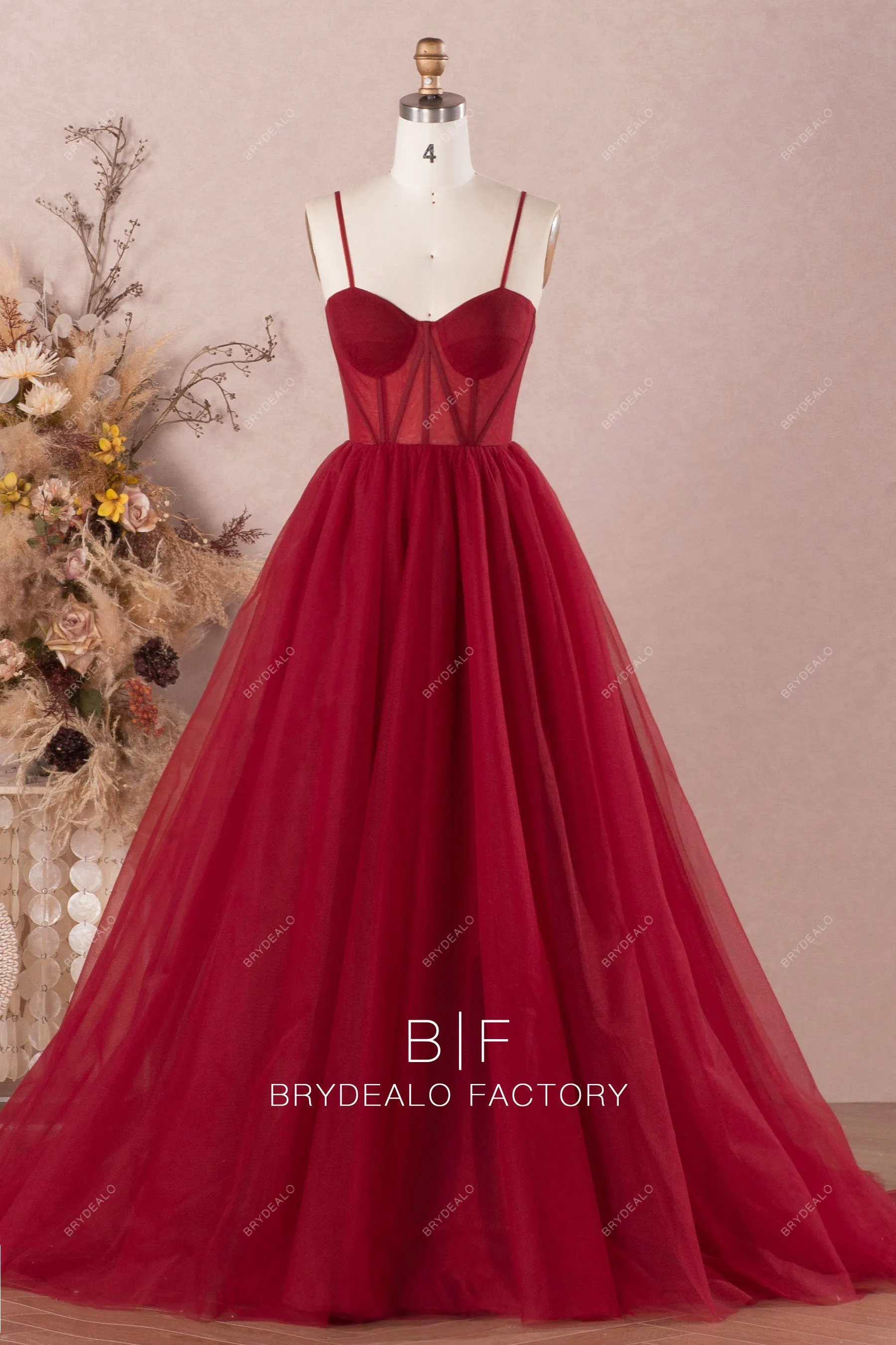 Burgundy Straps Corset Tulle A-line Prom Formal Dress