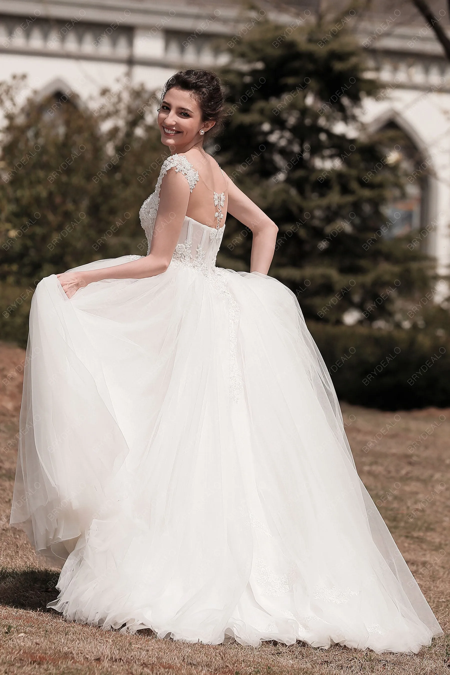 Cap Sleeve Beaded Lace Puffy A-line Wedding Dress