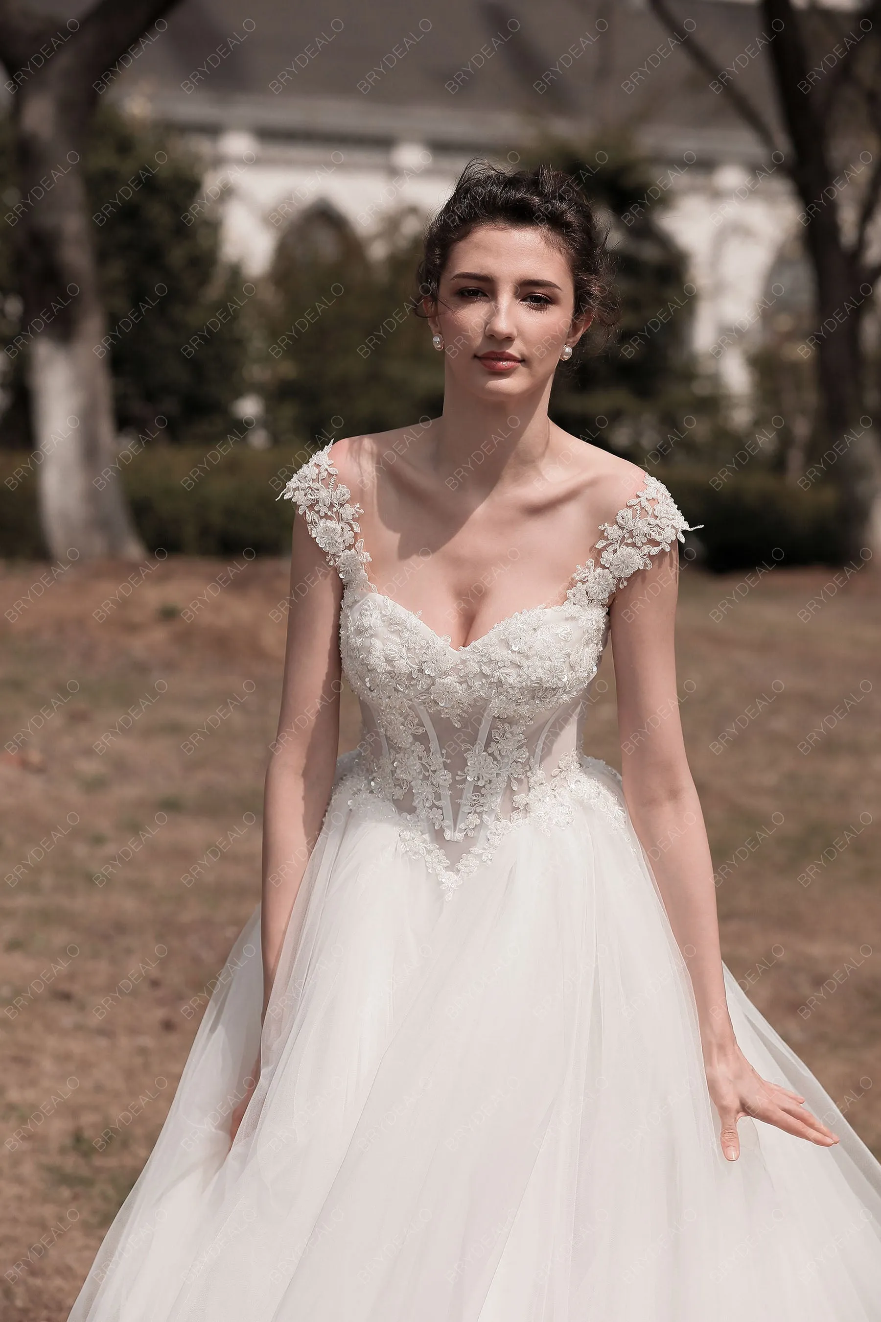 Cap Sleeve Beaded Lace Puffy A-line Wedding Dress