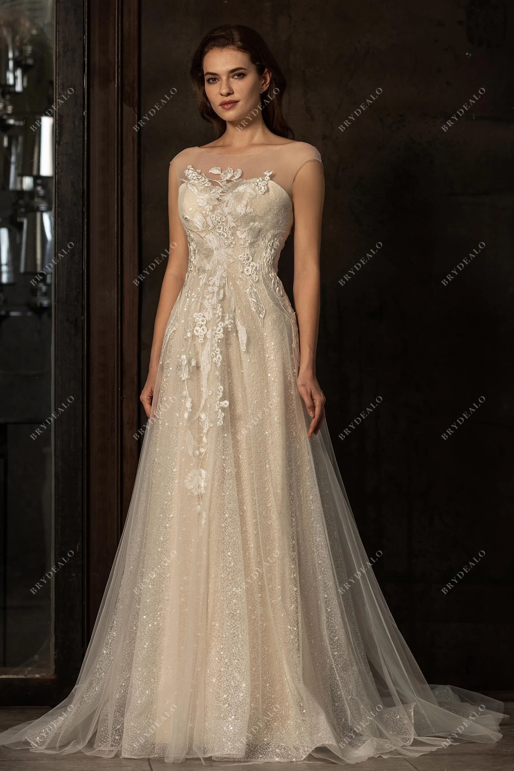 Cap Sleeve Sequin Lace A-line Wedding Dress