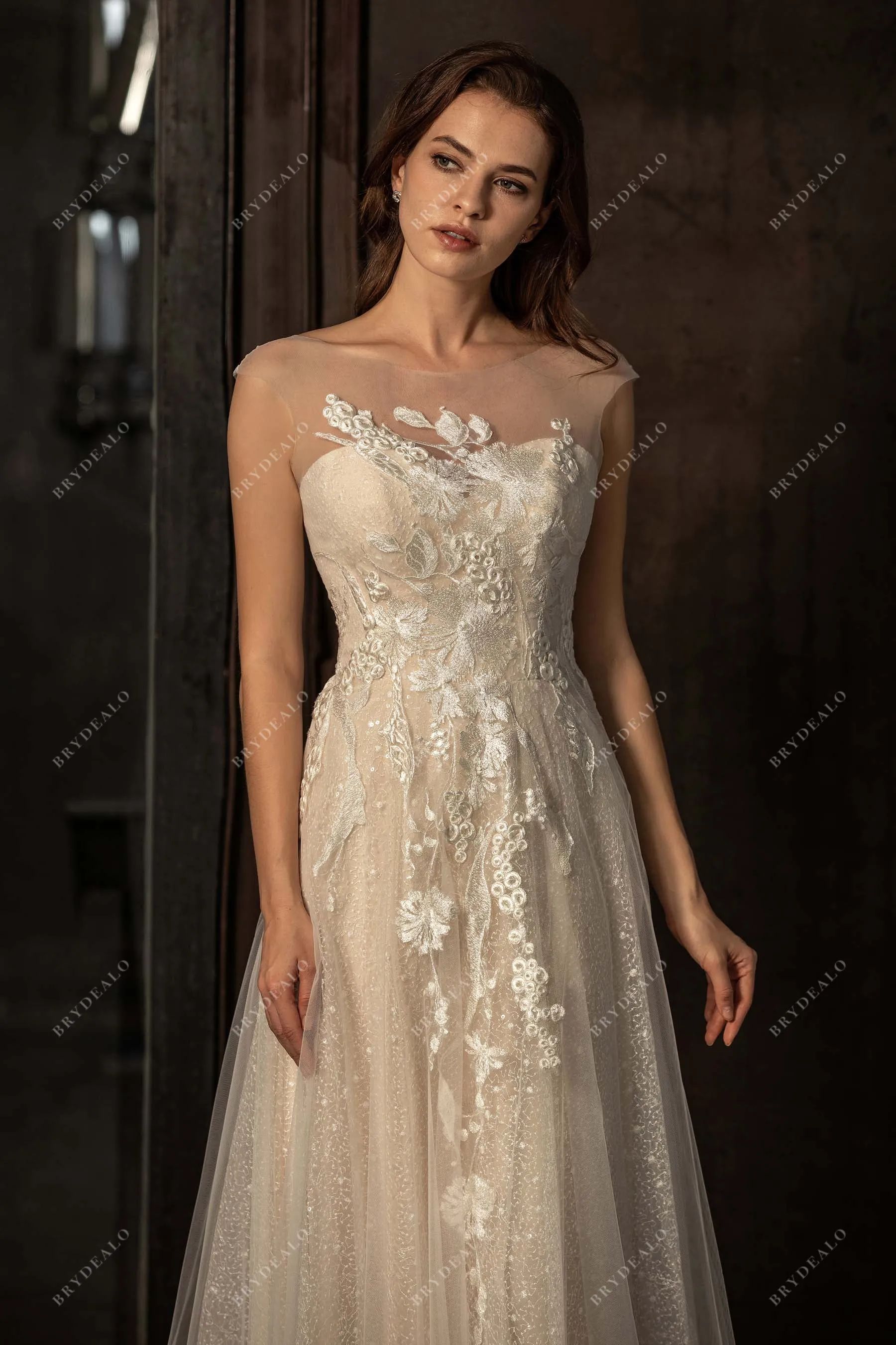 Cap Sleeve Sequin Lace A-line Wedding Dress