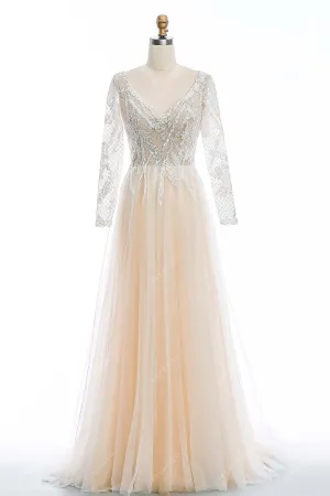 Champagne Long Sleeve Open Back Wedding Dress