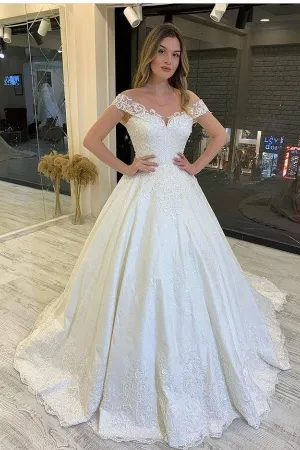 Classy A-Line Off-the-Shoulder Wedding Dress With Train Lace Appliques