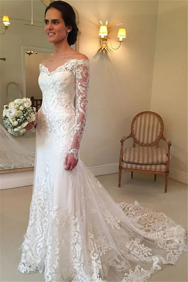 Court-Train Lace Long-Sleeve Sheath V-neck Off-the-shoulder Wedding Dresses BA4066