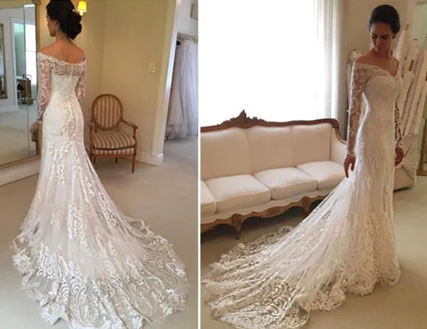 Court-Train Lace Long-Sleeve Sheath V-neck Off-the-shoulder Wedding Dresses BA4066