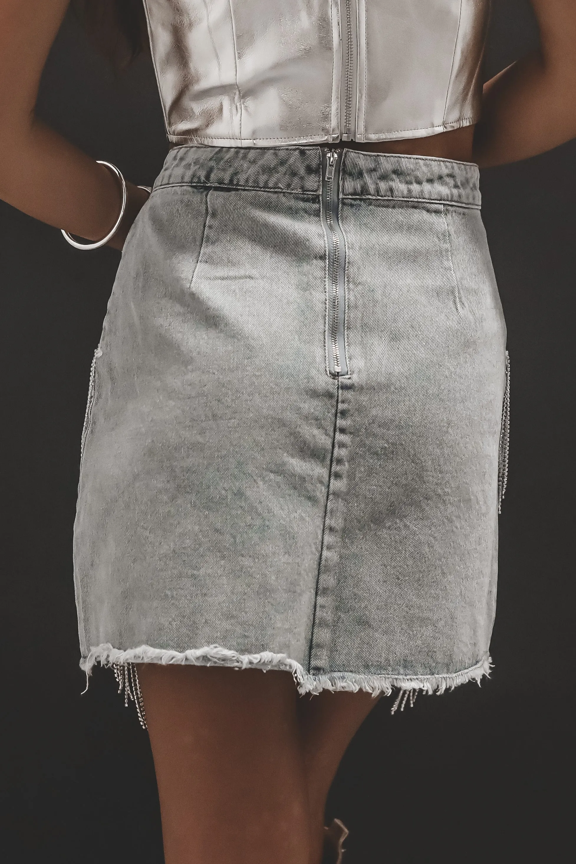 Denim With A Touch Of Rhinestone Fringe Skirt