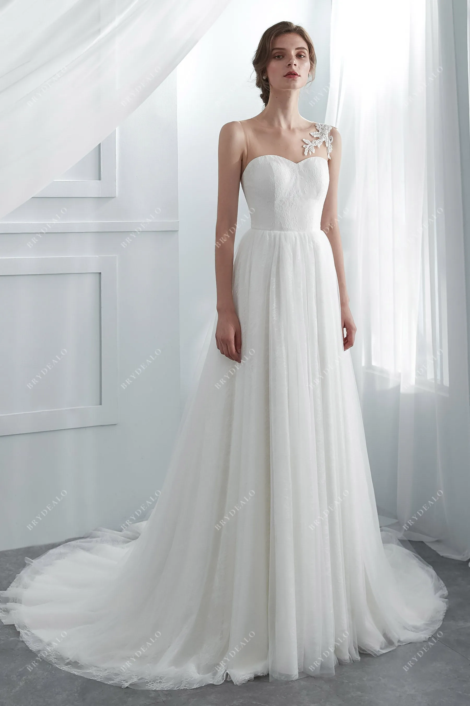 Designer Beaded Lace Illusion A-line Bridal Gown