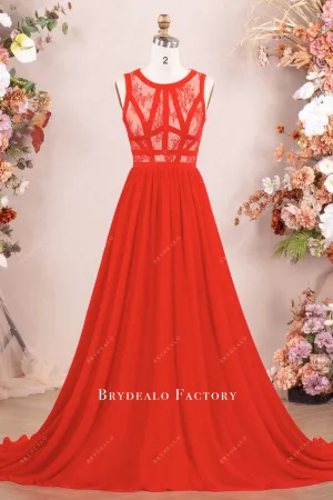 Designer Red Sleeveless Lace Chiffon Formal Dress