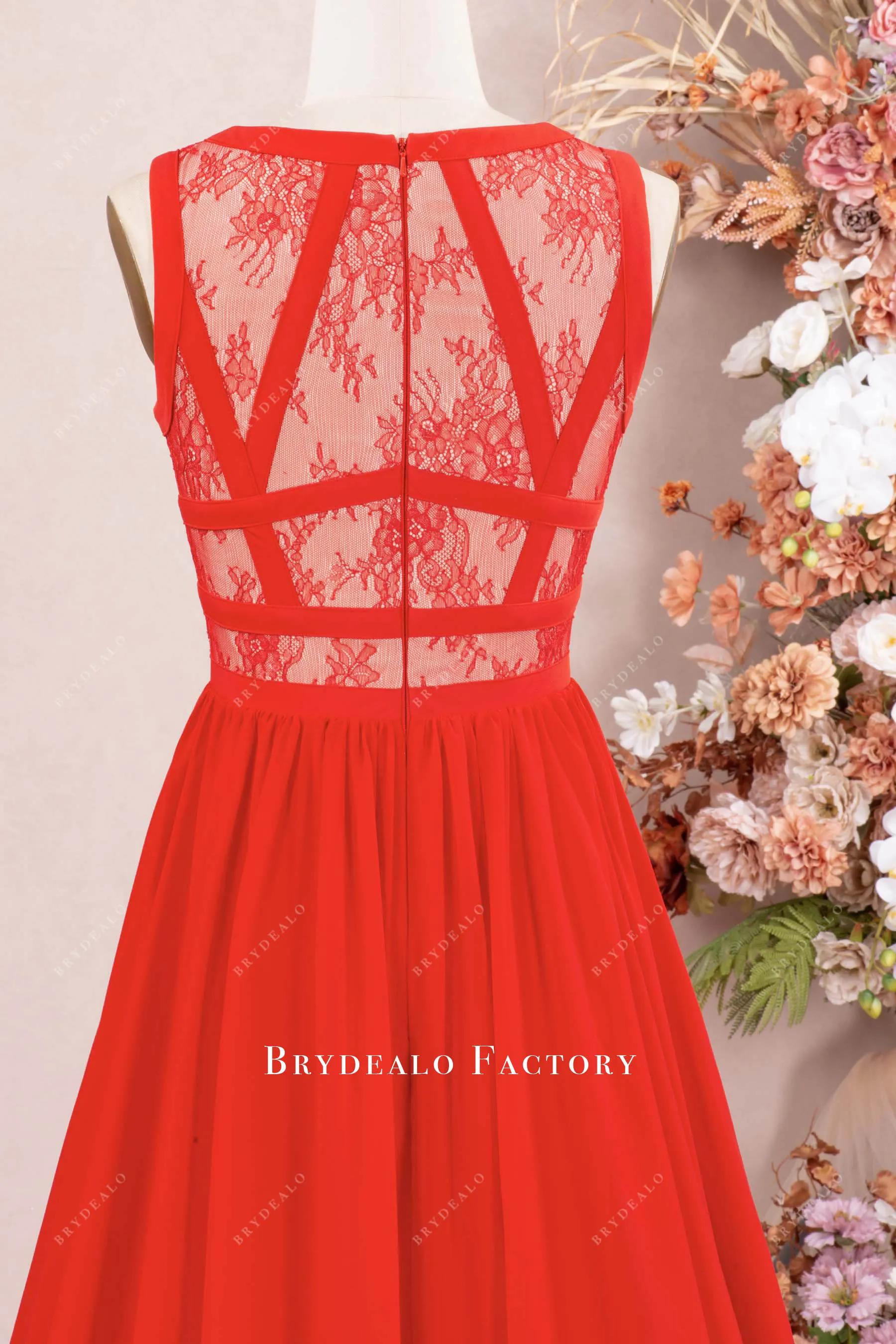 Designer Red Sleeveless Lace Chiffon Formal Dress