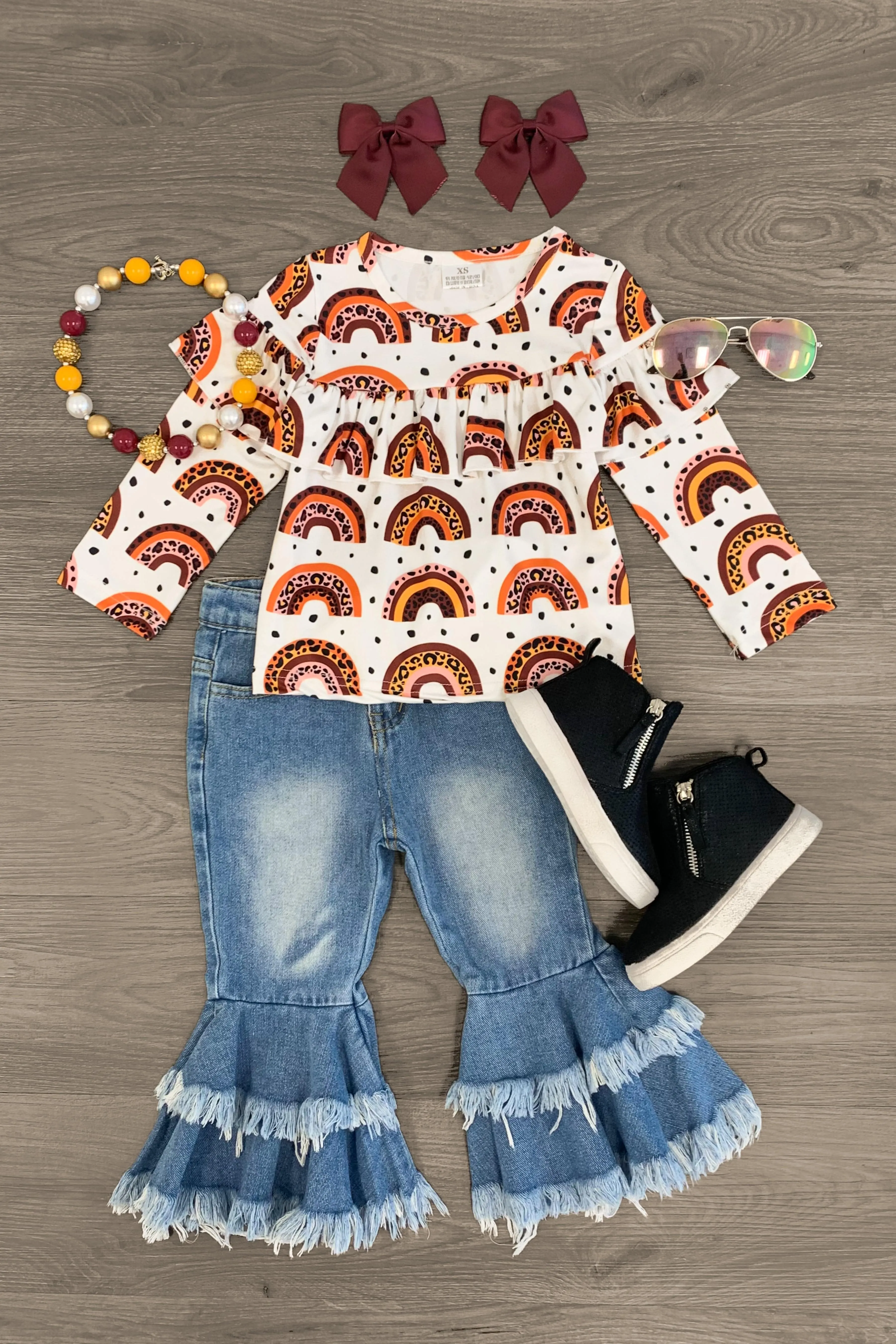 Doodle Leopard Rainbow Denim Bell Bottom Set