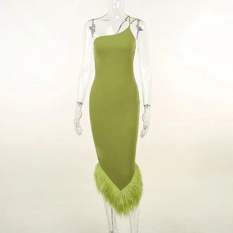 Feather Evening One Shoulder Sleeveless Backless Party Dress