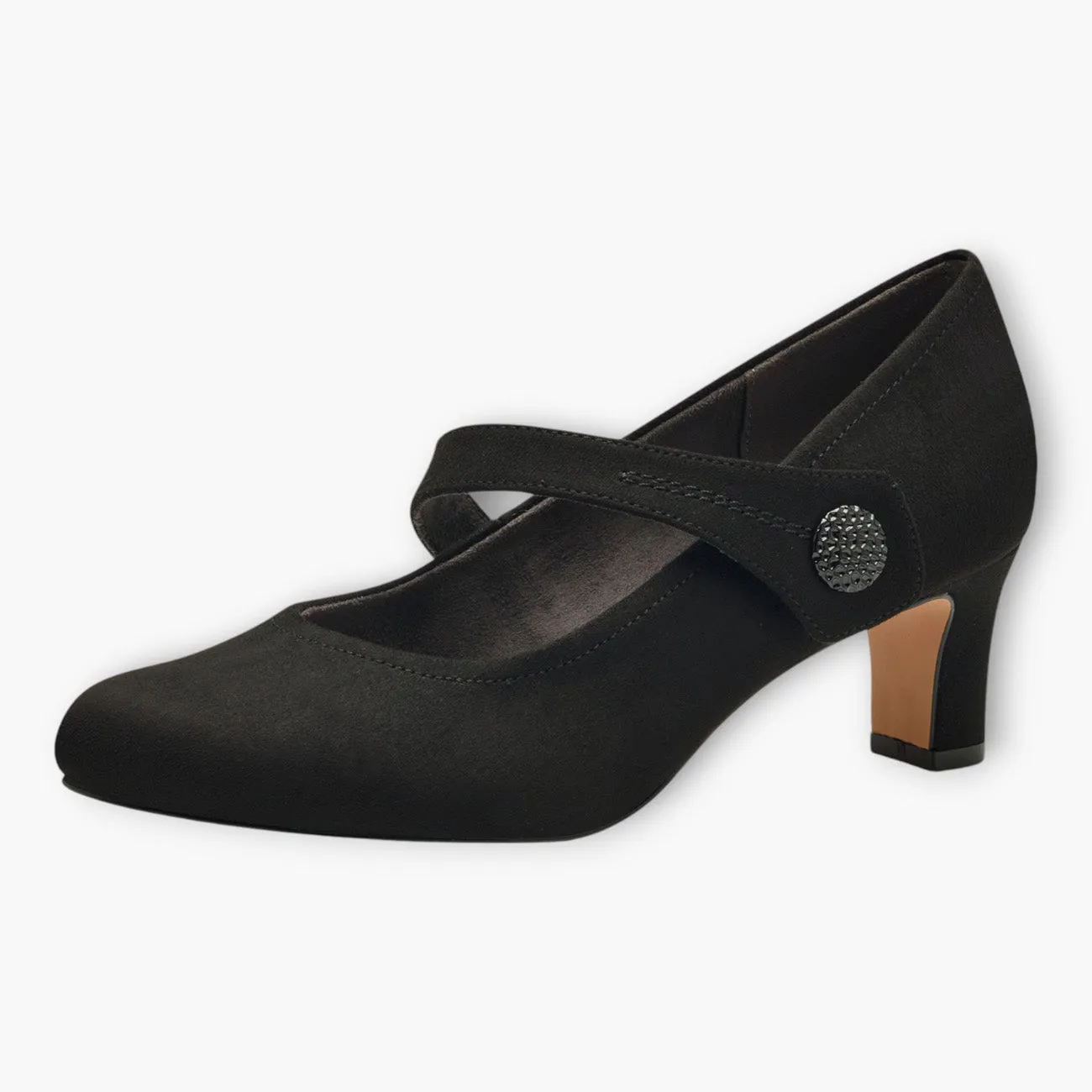 Jana Black Faux Suede Wide Fit Court Shoes with Velcro Strap