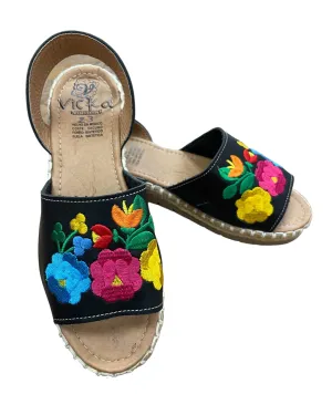 Jardin Black Leather Embroidered Sandals