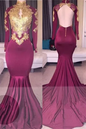 kamahe Elegant High-Neck Long-Sleeves Gold-Appliques Backless Prom Dresses