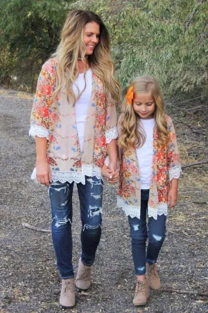 Mom & Me - Tan Floral Lace Kimonos