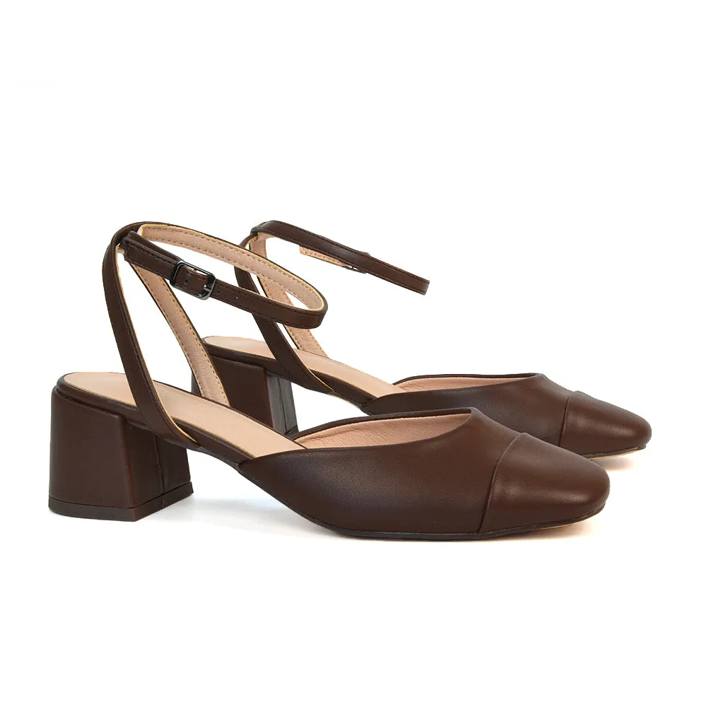 Natasha Ankle Strap Mid Block Heel Square Toe Court Shoes in Nude Synthetic Leather