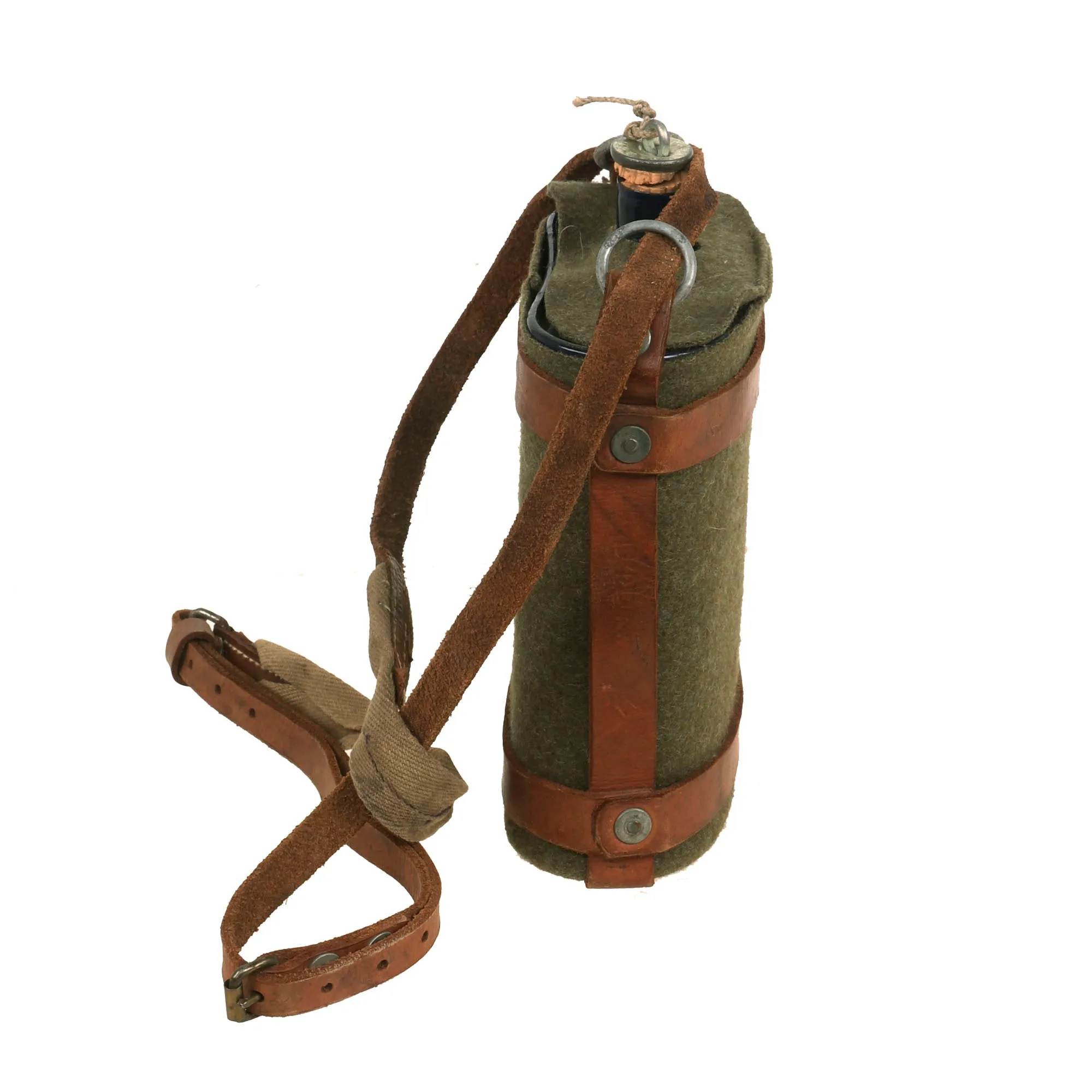 Original Australian WWII Named Convict’s Mounted Cavalry Blue Enamel Canteen With Leather Carrier and Shoulder Strap - 1st Australian Anti-Aircraft